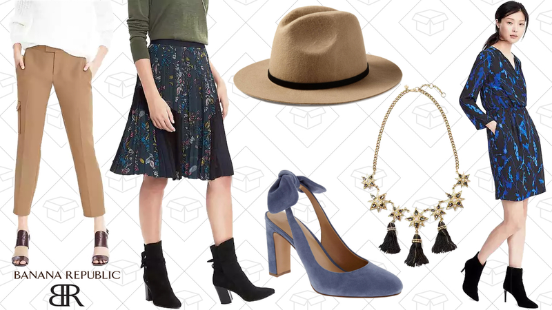 Heritage Cargo Crop Pant, $22 | Pleated Floral Print Skirt, $33 | Andrea Felt Hat, $31 | Cadi Slingback Heel, $55 | Treasure Trove Star Tassel Necklace, $29 | Long-Sleeve Watercolor Print Wrap Dress, $45